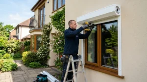 Technicien installant un volet roulant motorisé sur une fenêtre de maison, en plein jour.