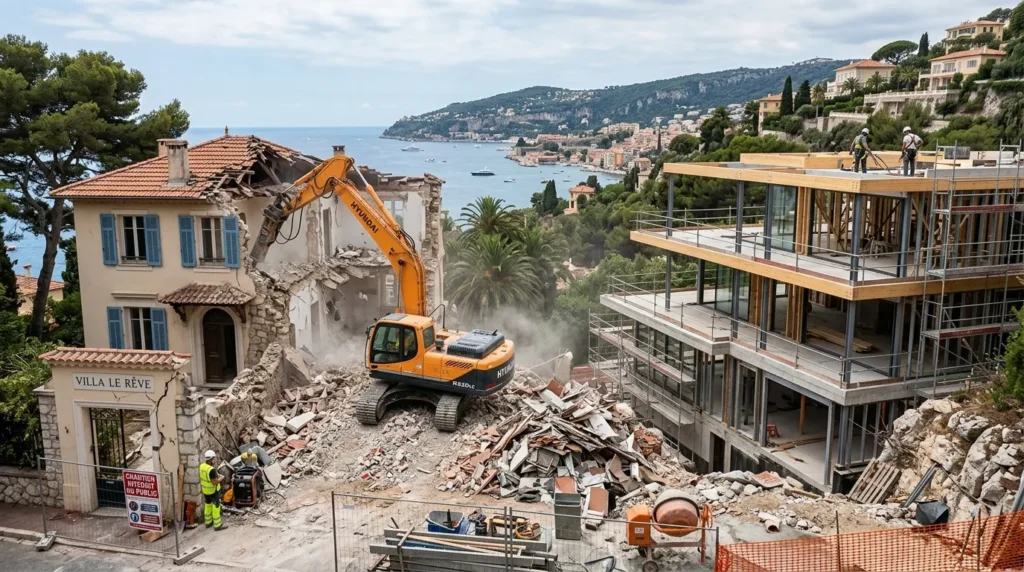 Chantier de démolition d'une villa, charpente d'une nouvelle maison sur la Côte d’Azur.