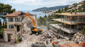 Chantier de démolition d'une villa, charpente d'une nouvelle maison sur la Côte d’Azur.