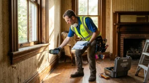 Technicien inspectant l’intérieur d’une vieille maison ensoleillée, avec outils amiante et gants.