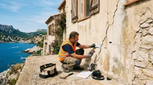 Mur fissuré d’une villa méditerranéenne, outils d’inspection structurelle sur la côte ensoleillée.
