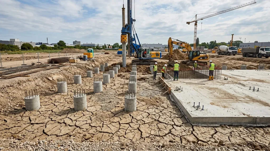 Chantier de fondations avec pieux béton, radier et sol argileux fissuré.