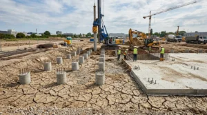 Chantier de fondations avec pieux béton, radier et sol argileux fissuré.