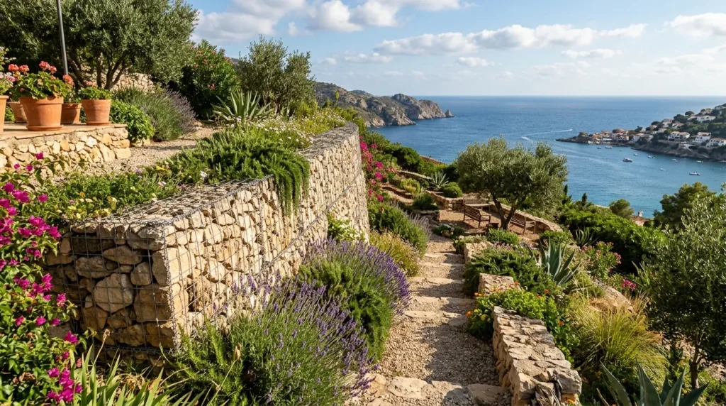 Jardin méditerranéen en pente avec mur de soutènement en gabions et pierres.