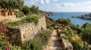 Jardin méditerranéen en pente avec mur de soutènement en gabions et pierres.