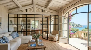Intérieur lumineux de villa azuréenne, séjour ouvert, poutre apparente et verrière.