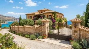 Villa méditerranéenne au soleil, piliers de portail en pierre et clôture maçonnée.