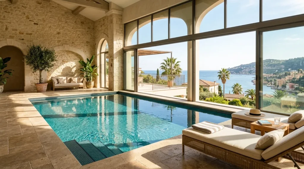 Piscine intérieure luxueuse en pierre, baignées de lumière naturelle dans une villa azuréenne.