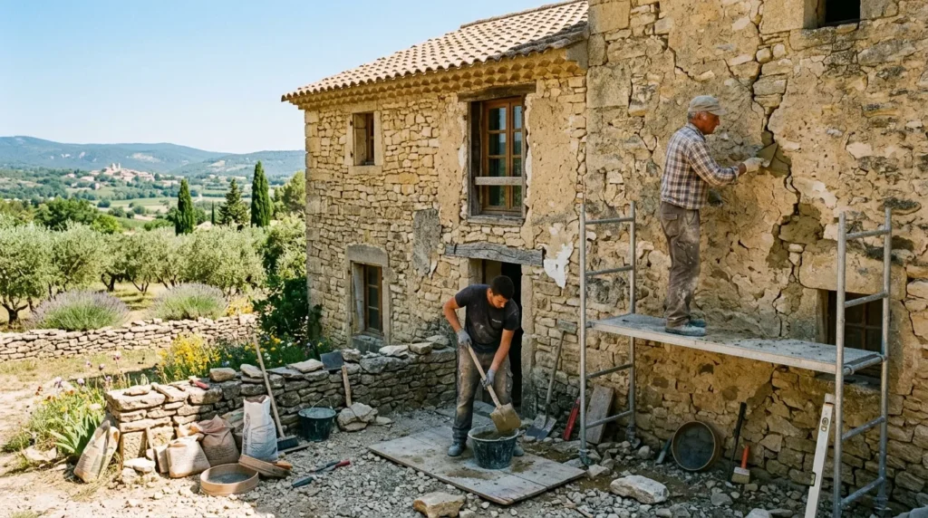 Ouvriers rénovant une vieille bastide en pierre, murs fissurés sous soleil provençal.