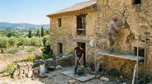 Ouvriers rénovant une vieille bastide en pierre, murs fissurés sous soleil provençal.