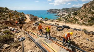 Chantier de viabilisation avec tranchées, tuyaux, câbles et ouvriers sur terrain méditerranéen ensoleillé.